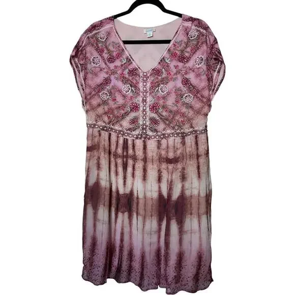 240 Sundance Gemi Embroidered Floral Pink Tie-Dye Boho Midi Dress (Medium, EUC) - Picture 2 of 5